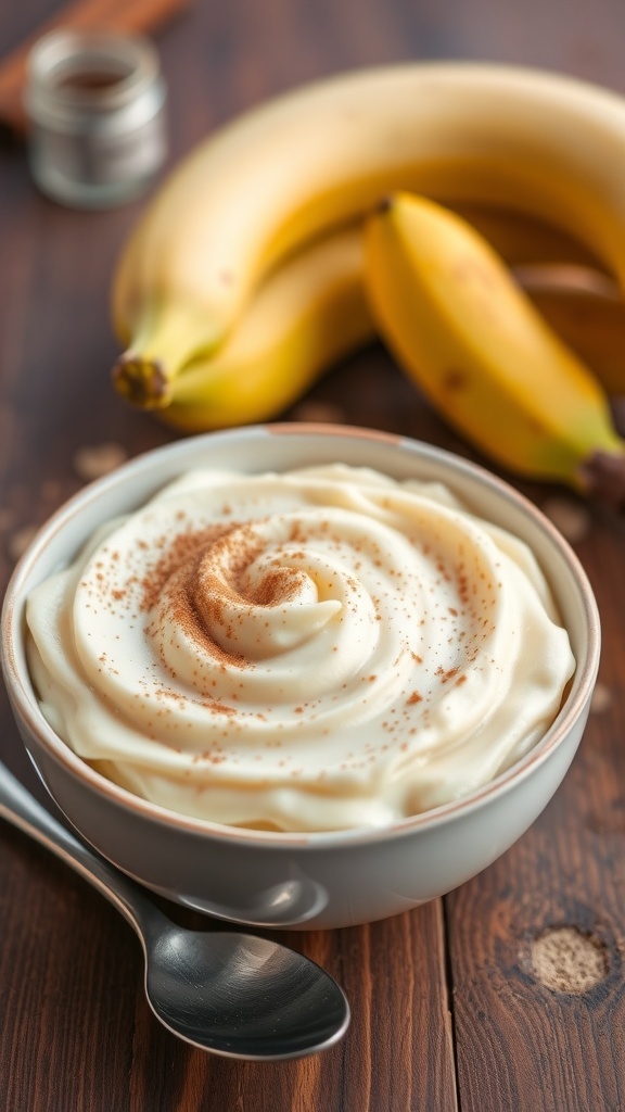 A bowl of creamy mashed bananas with a sprinkle of cinnamon, on a wooden table with fresh bananas in the background.